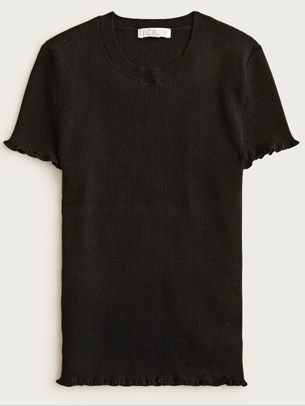 J Crew Black Ribbed Ruffle-trim Knit T-shirt in TENCEL lyocell blend Size L